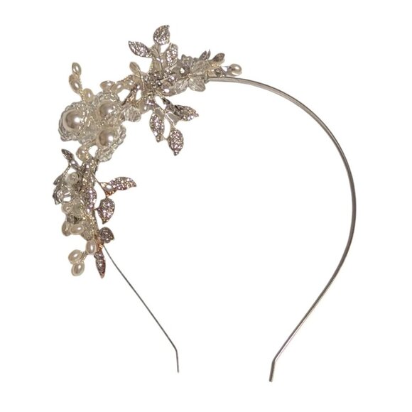 Pearl Rhinestone Headband Tiara Side View Silver Tone Bridal Event Ball Boho - Picture 1 of 6